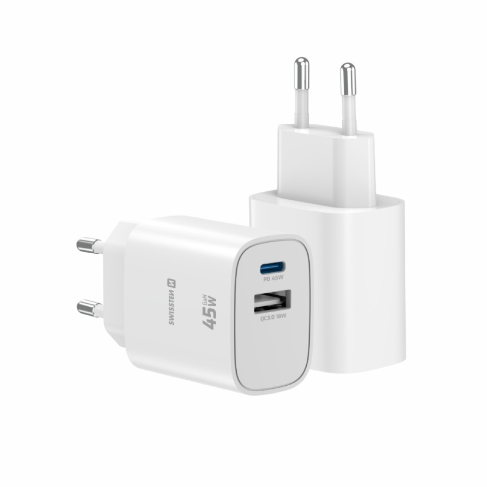 SWISSTEN síťový adaptér edge GaN 1x USB-C PD 45W + 1x USB-A 18W QC - bílý