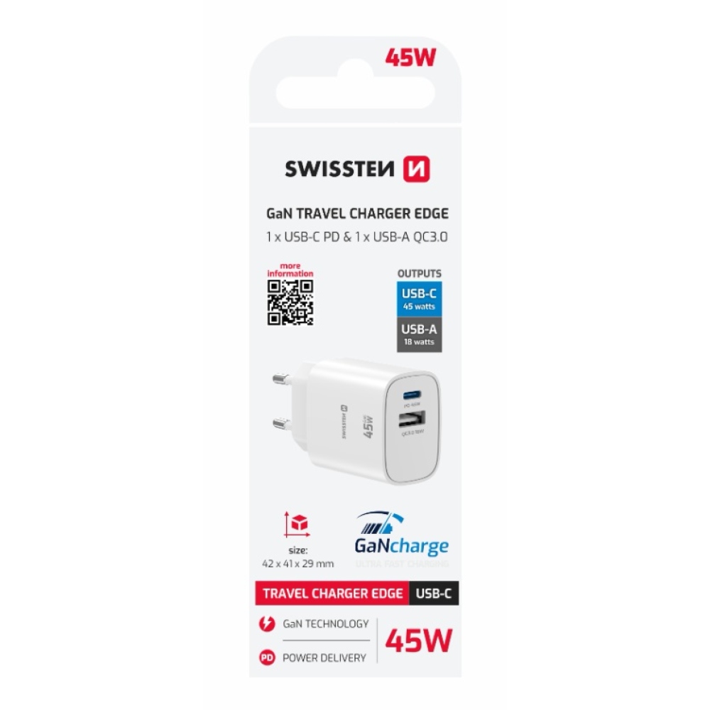 SWISSTEN síťový adaptér edge GaN 1x USB-C PD 45W + 1x USB-A 18W QC - bílý