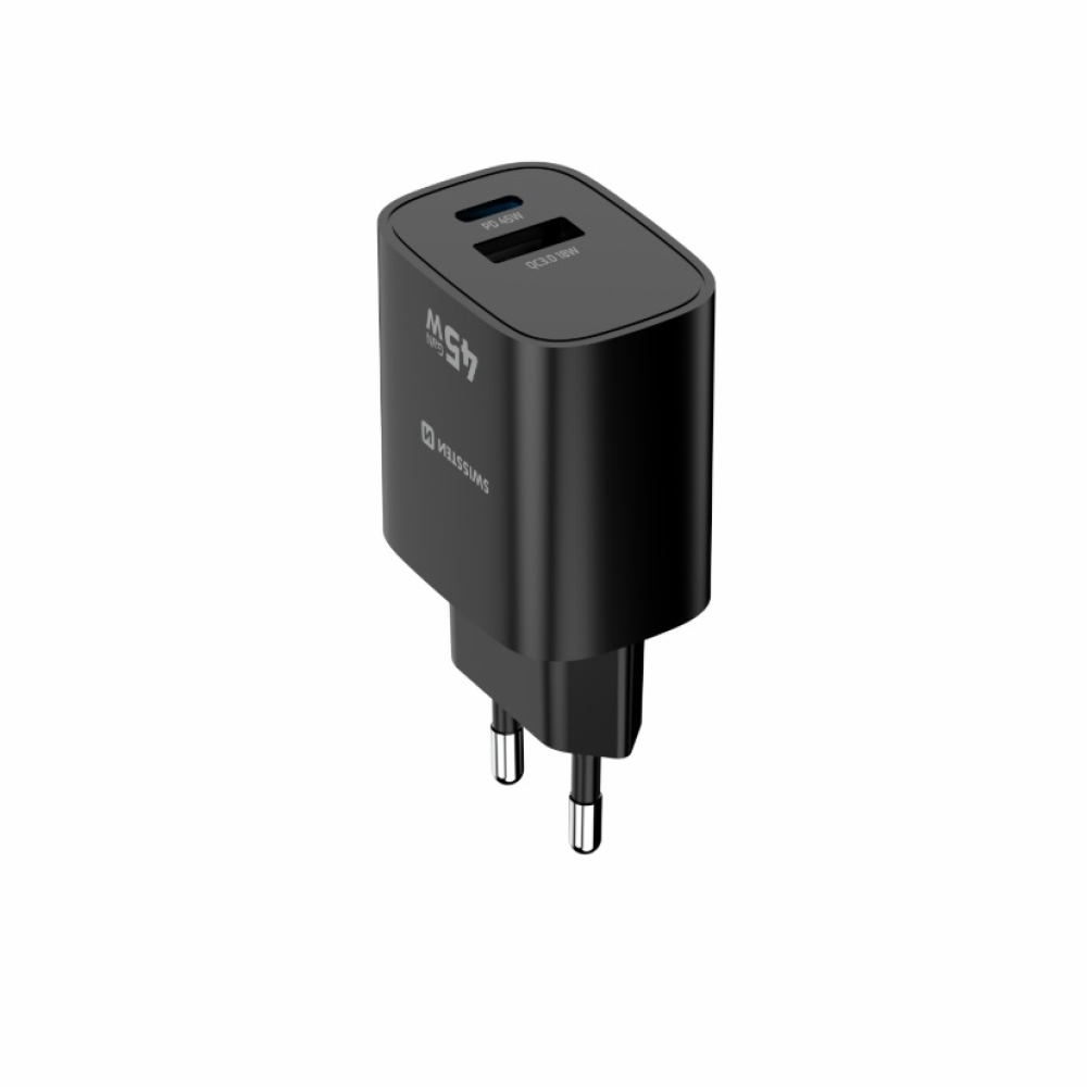 SWISSTEN síťový adaptér edge GaN 1x USB-C PD 45W + 1x USB-A 18W QC - černý