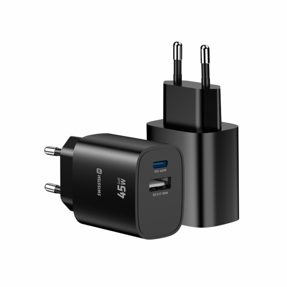 SWISSTEN síťový adaptér edge GaN 1x USB-C PD 45W + 1x USB-A 18W QC - černý