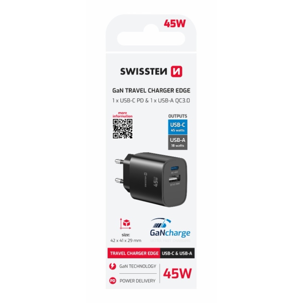SWISSTEN síťový adaptér edge GaN 1x USB-C PD 45W + 1x USB-A 18W QC - černý