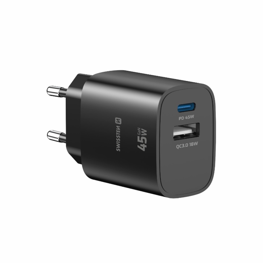 SWISSTEN síťový adaptér edge GaN 1x USB-C PD 45W + 1x USB-A 18W QC - černý