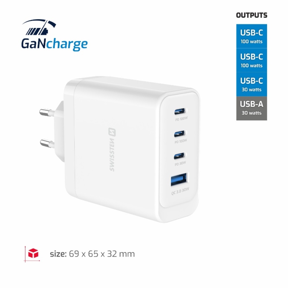 SWISSTEN síťový adaptér edge GaN 2x USB-C PD 100W + 1x USB-C PD 20W + 1x USB-A QC 30W QC - bílý