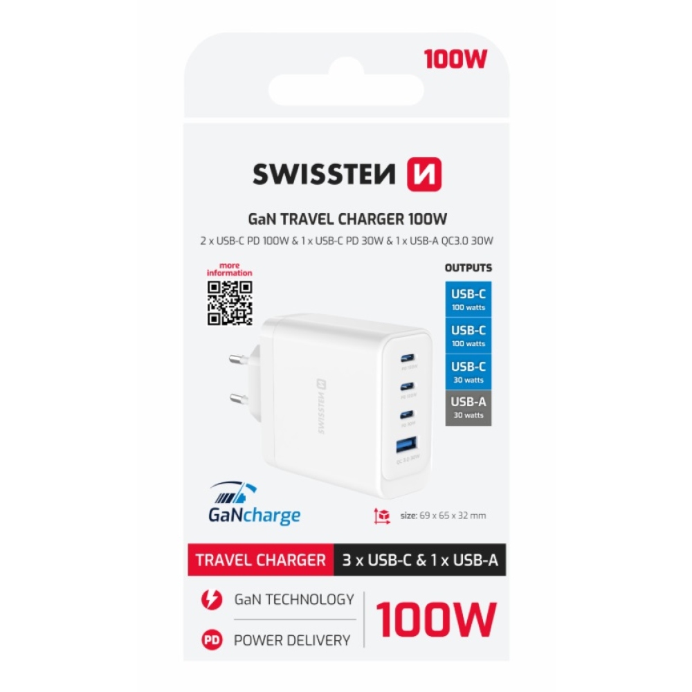 SWISSTEN síťový adaptér edge GaN 2x USB-C PD 100W + 1x USB-C PD 20W + 1x USB-A QC 30W QC - bílý