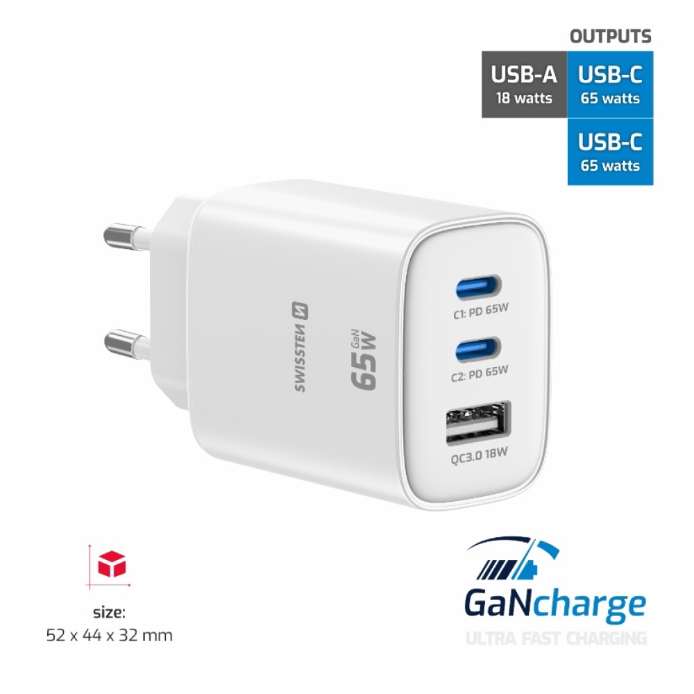 Swissten síťový adaptér Edge Gan 2x USB-C PD 65W + 1x USB-A 18W QC - bílý