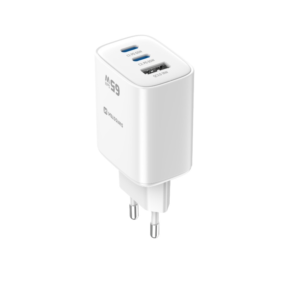 Swissten síťový adaptér Edge Gan 2x USB-C PD 65W + 1x USB-A 18W QC - bílý