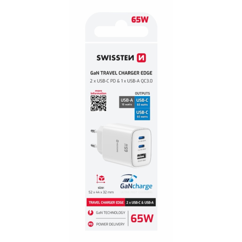 Swissten síťový adaptér Edge Gan 2x USB-C PD 65W + 1x USB-A 18W QC - bílý