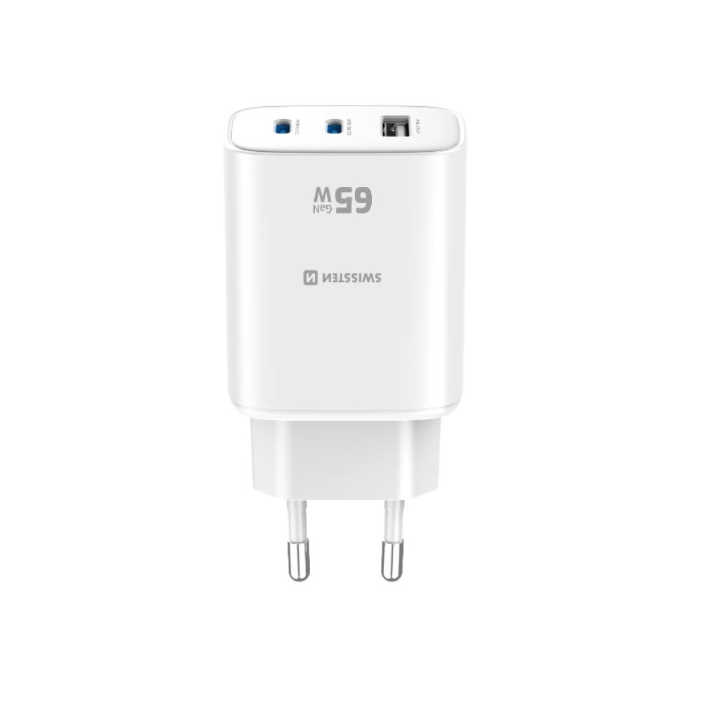 Swissten síťový adaptér Edge Gan 2x USB-C PD 65W + 1x USB-A 18W QC - bílý