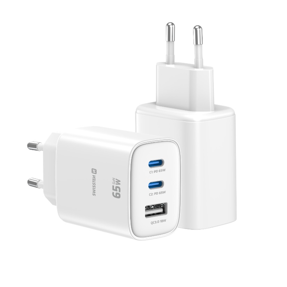 Swissten síťový adaptér Edge Gan 2x USB-C PD 65W + 1x USB-A 18W QC - bílý