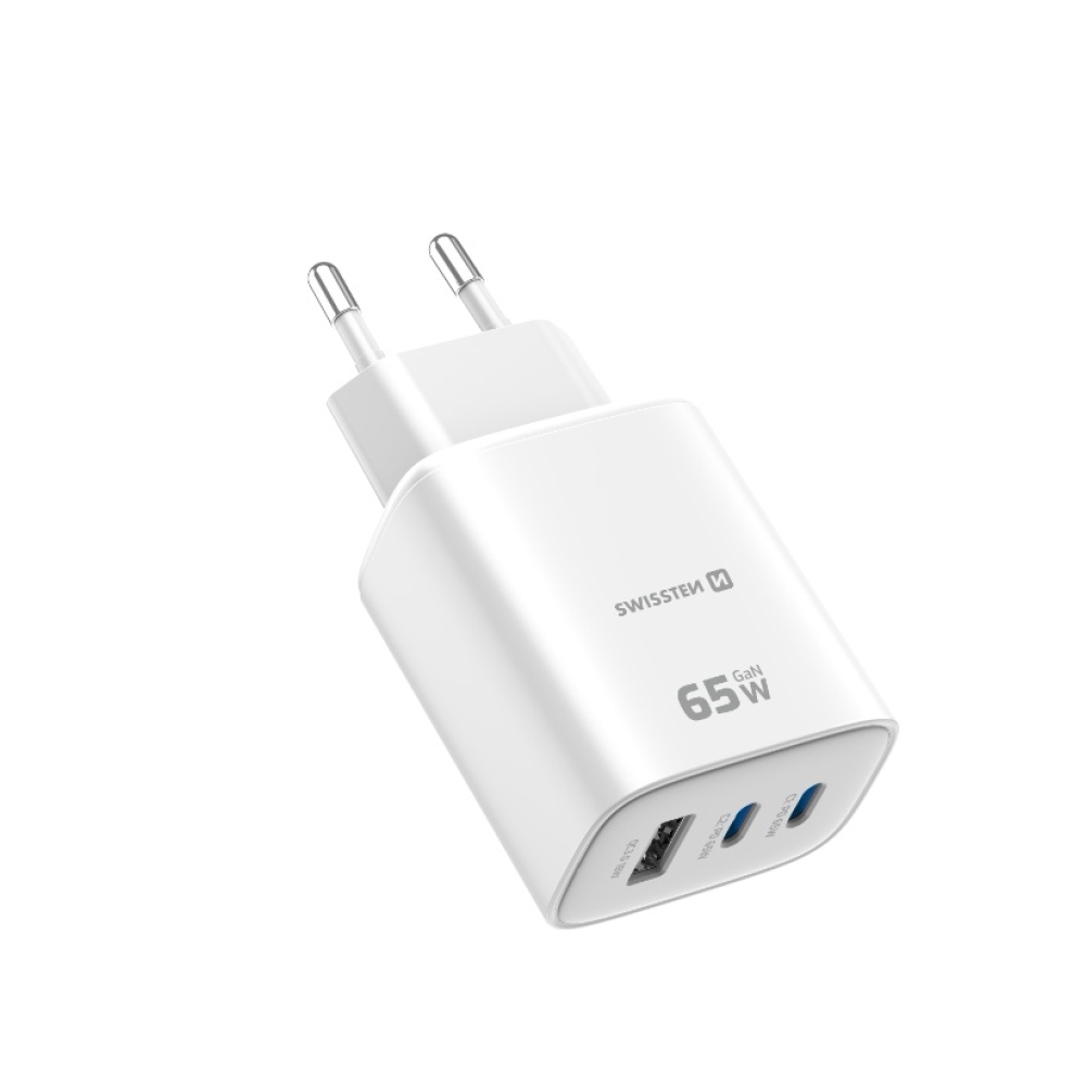 Swissten síťový adaptér Edge Gan 2x USB-C PD 65W + 1x USB-A 18W QC - bílý