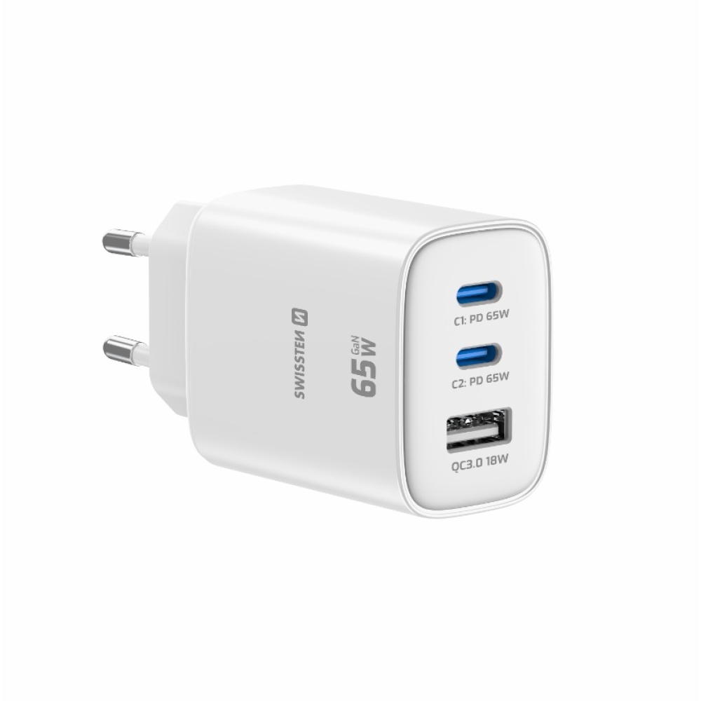 Swissten síťový adaptér Edge Gan 2x USB-C PD 65W + 1x USB-A 18W QC - bílý
