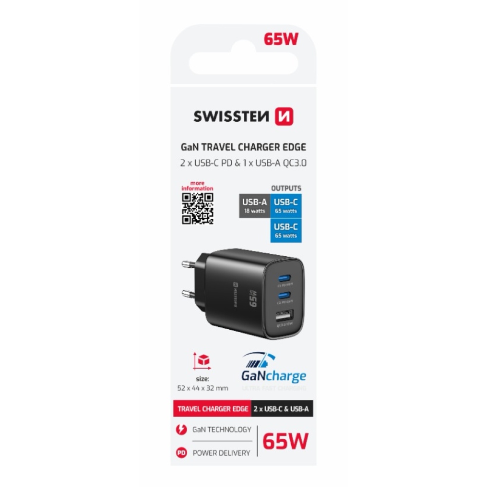 Swissten síťový adaptér Edge Gan 2x USB-C PD 65W + 1x USB-A 18W QC - černý