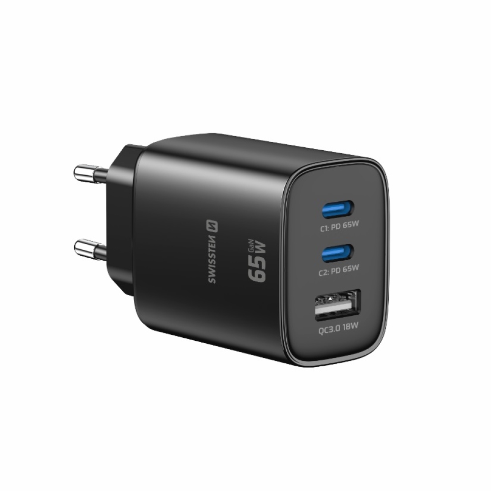 Swissten síťový adaptér Edge Gan 2x USB-C PD 65W + 1x USB-A 18W QC - černý
