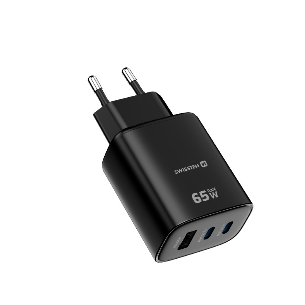 Swissten síťový adaptér Edge Gan 2x USB-C PD 65W + 1x USB-A 18W QC - černý