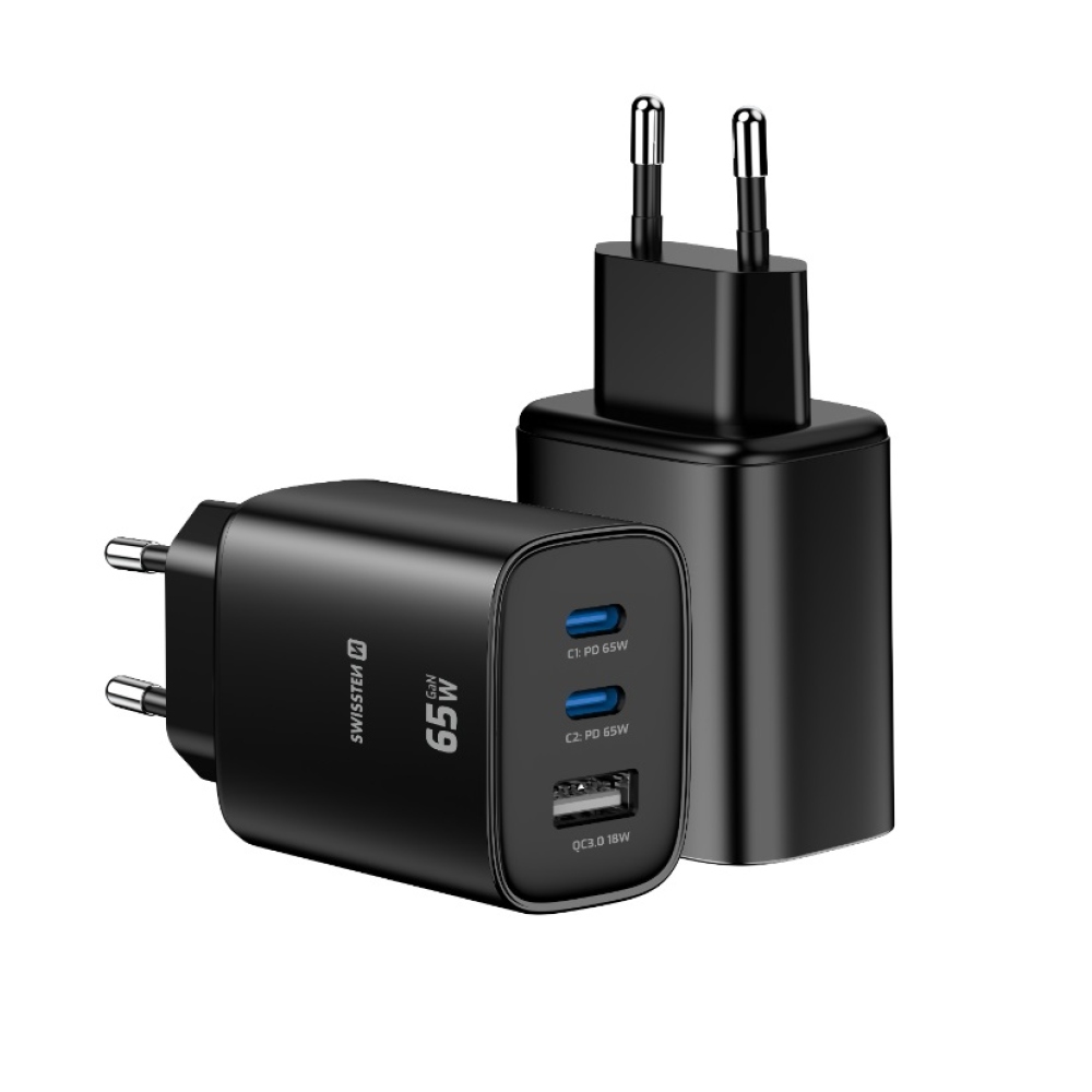 Swissten síťový adaptér Edge Gan 2x USB-C PD 65W + 1x USB-A 18W QC - černý