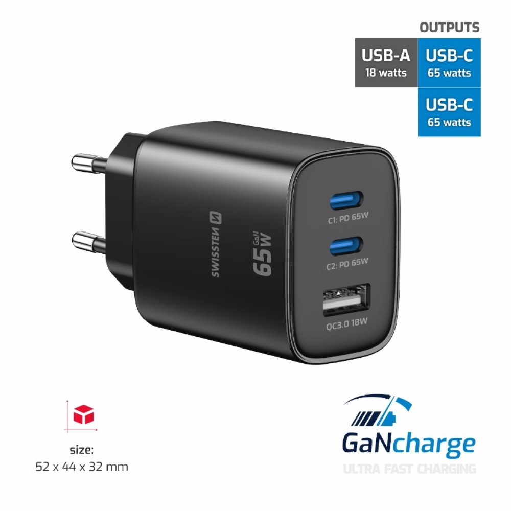 Swissten síťový adaptér Edge Gan 2x USB-C PD 65W + 1x USB-A 18W QC - černý