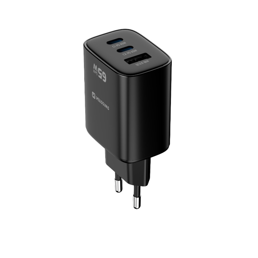 Swissten síťový adaptér Edge Gan 2x USB-C PD 65W + 1x USB-A 18W QC - černý