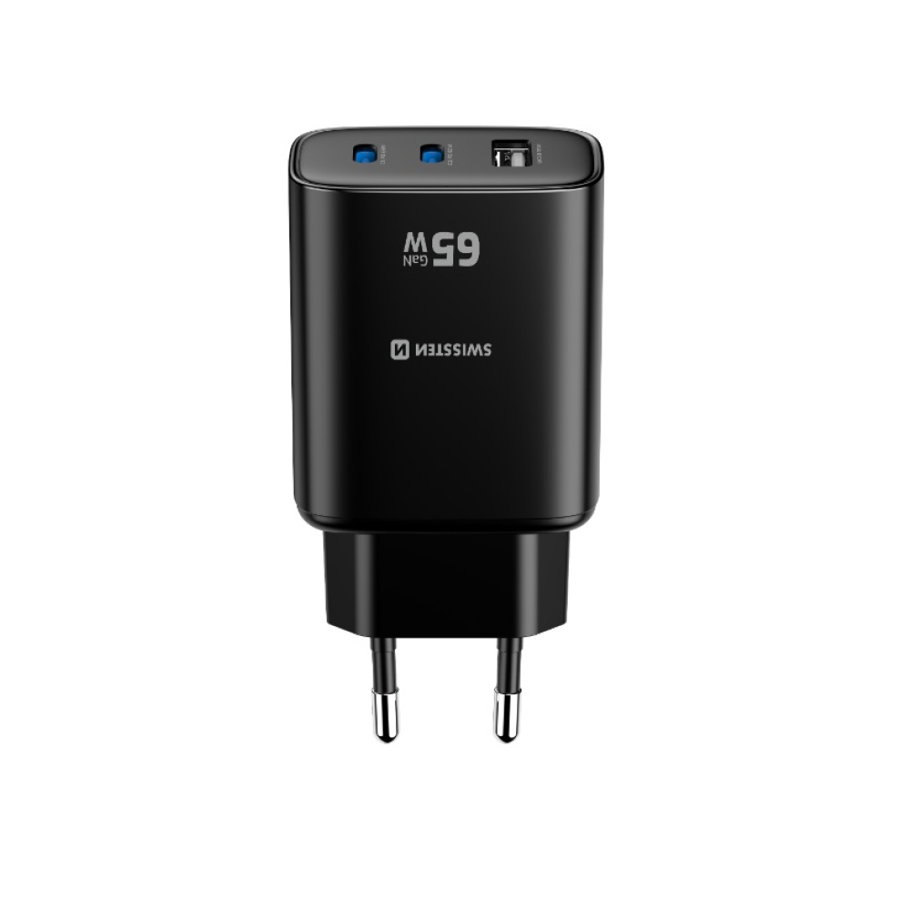 Swissten síťový adaptér Edge Gan 2x USB-C PD 65W + 1x USB-A 18W QC - černý