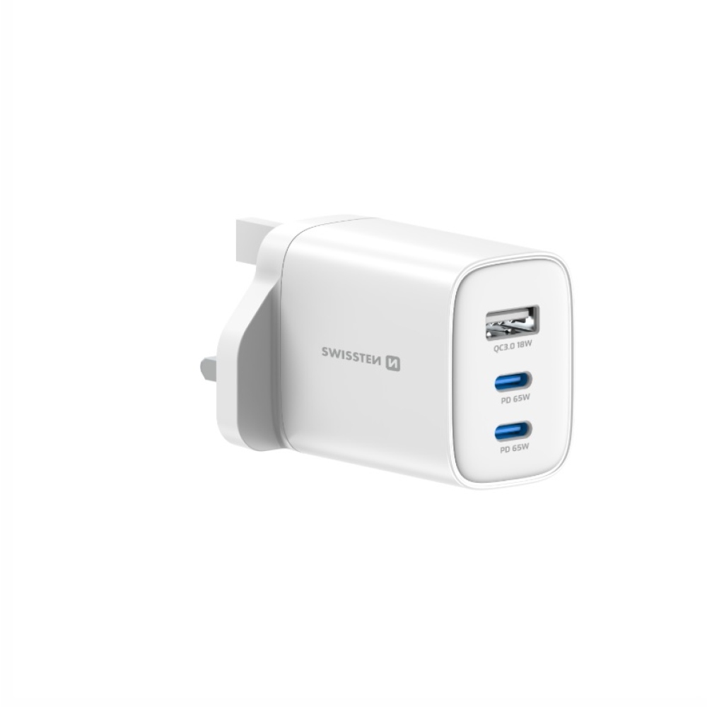 Swissten síťový adaptér Edge Gan 2x USB-C PD 65W + 1x USB-A 18W QC, pro UK zásuvku - bílý