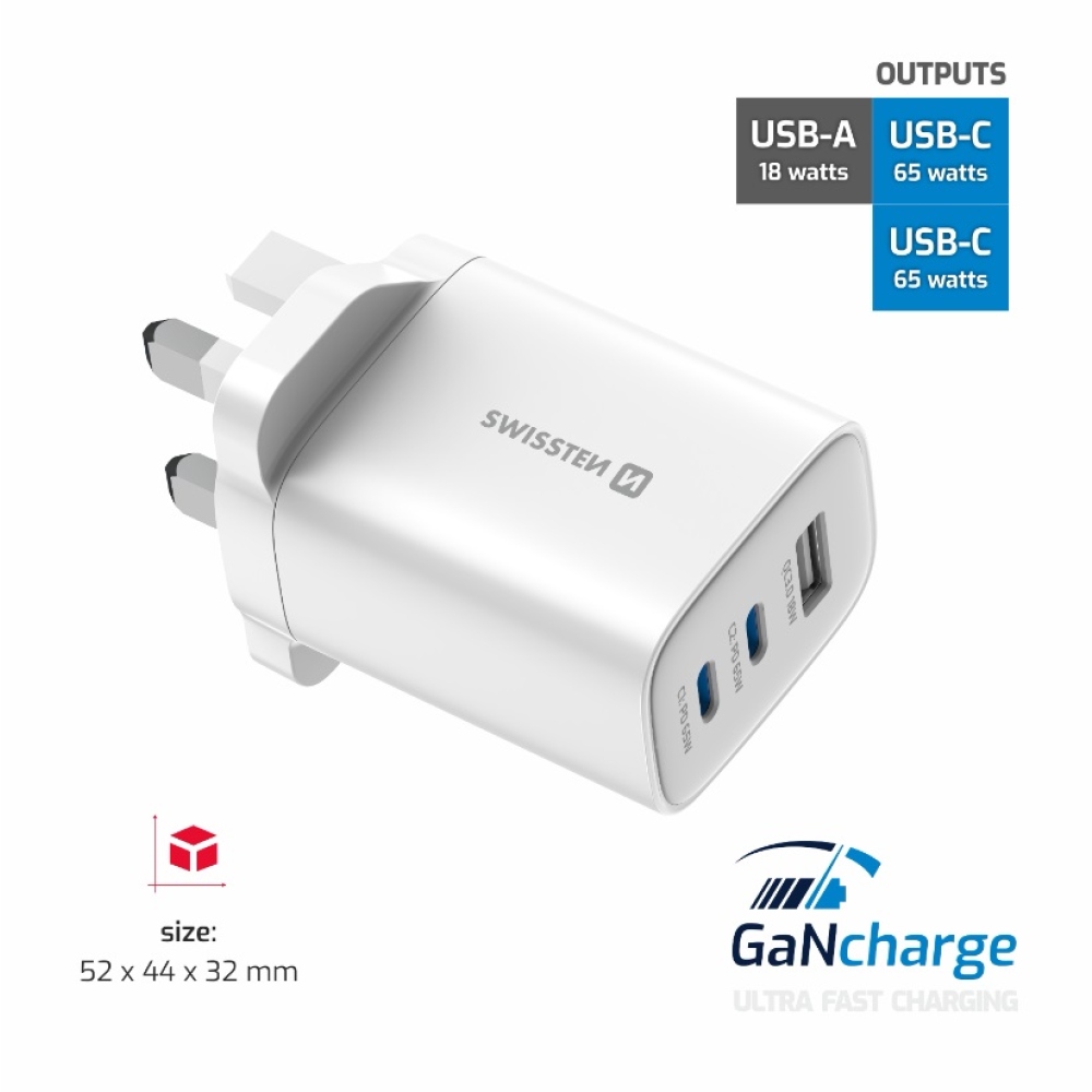 Swissten síťový adaptér Edge Gan 2x USB-C PD 65W + 1x USB-A 18W QC, pro UK zásuvku - bílý