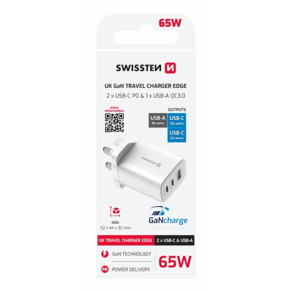 Swissten síťový adaptér Edge Gan 2x USB-C PD 65W + 1x USB-A 18W QC, pro UK zásuvku - bílý
