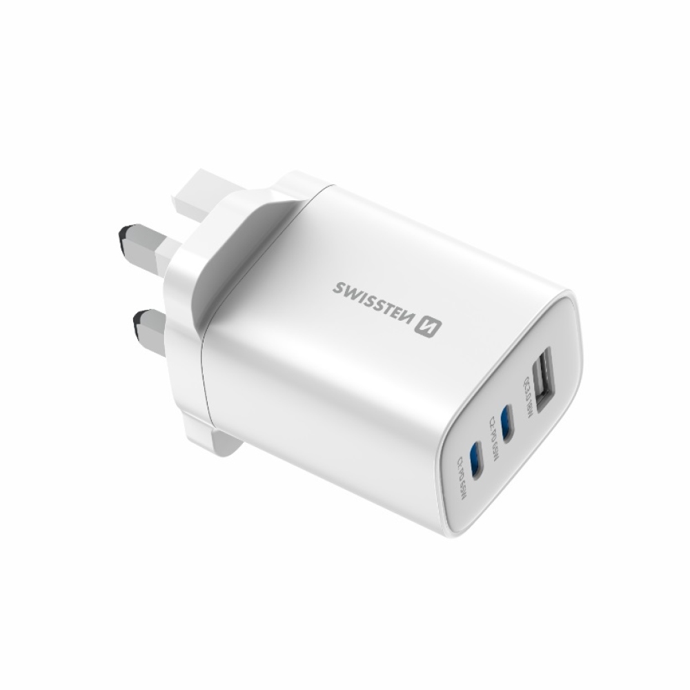 Swissten síťový adaptér Edge Gan 2x USB-C PD 65W + 1x USB-A 18W QC, pro UK zásuvku - bílý