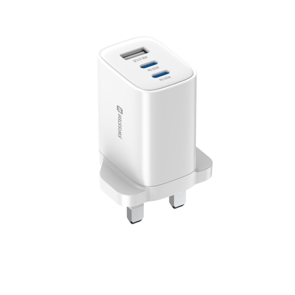 Swissten síťový adaptér Edge Gan 2x USB-C PD 65W + 1x USB-A 18W QC, pro UK zásuvku - bílý