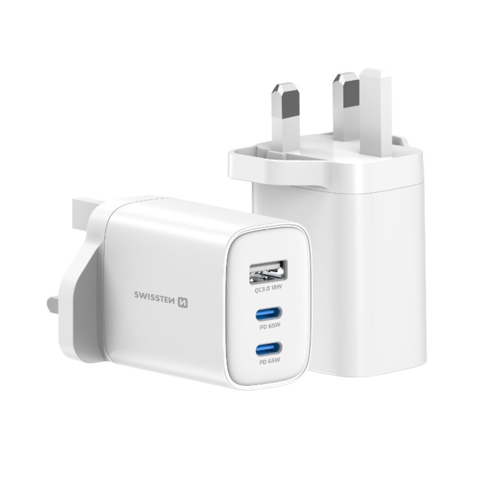 Swissten síťový adaptér Edge Gan 2x USB-C PD 65W + 1x USB-A 18W QC, pro UK zásuvku - bílý
