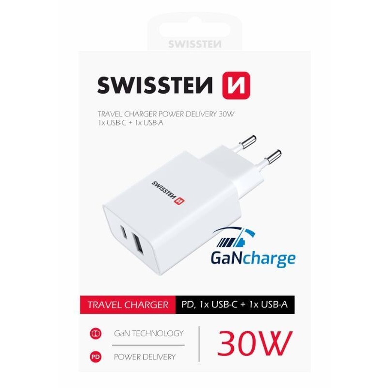 Swissten síťový adaptér GaN 1x USB-C + 1x USB 30W - bílý