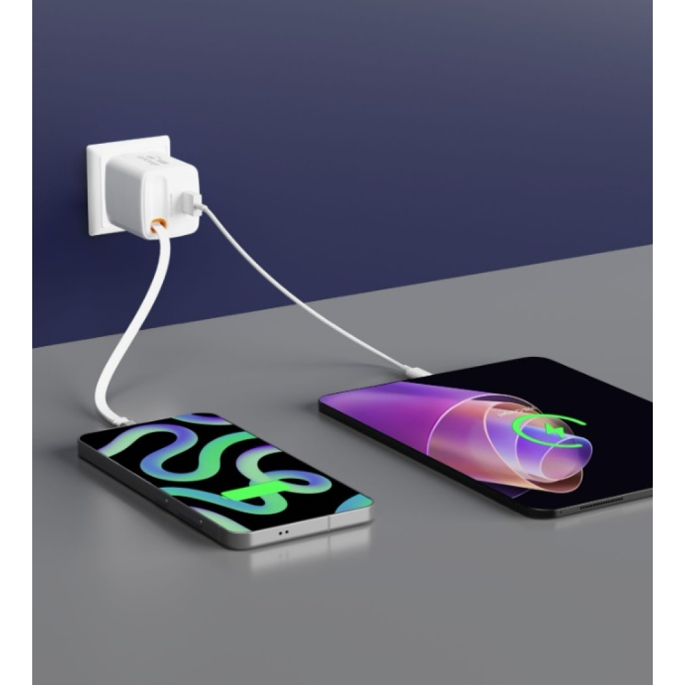 SWISSTEN síťový adaptér SlideCHARGE GaN 30W, 1x USB-A 18W se zatahovacím USB-C kabelem 0.75m - bílý