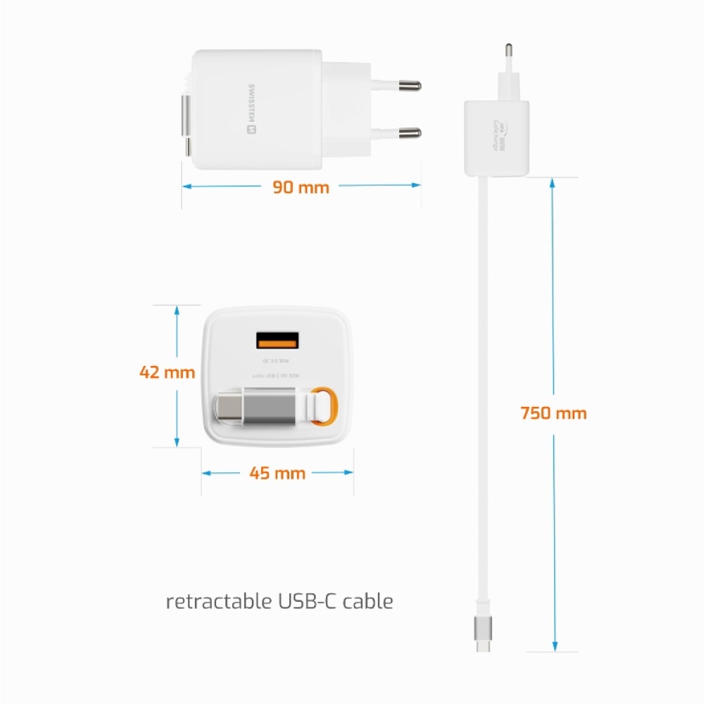 SWISSTEN síťový adaptér SlideCHARGE GaN 30W, 1x USB-A 18W se zatahovacím USB-C kabelem 0.75m - bílý