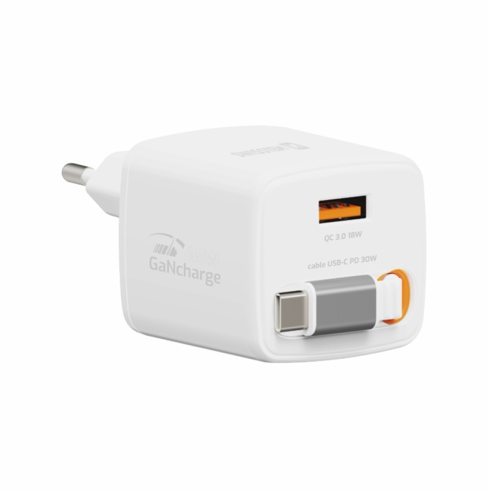 SWISSTEN síťový adaptér SlideCHARGE GaN 30W, 1x USB-A 18W se zatahovacím USB-C kabelem 0.75m - bílý