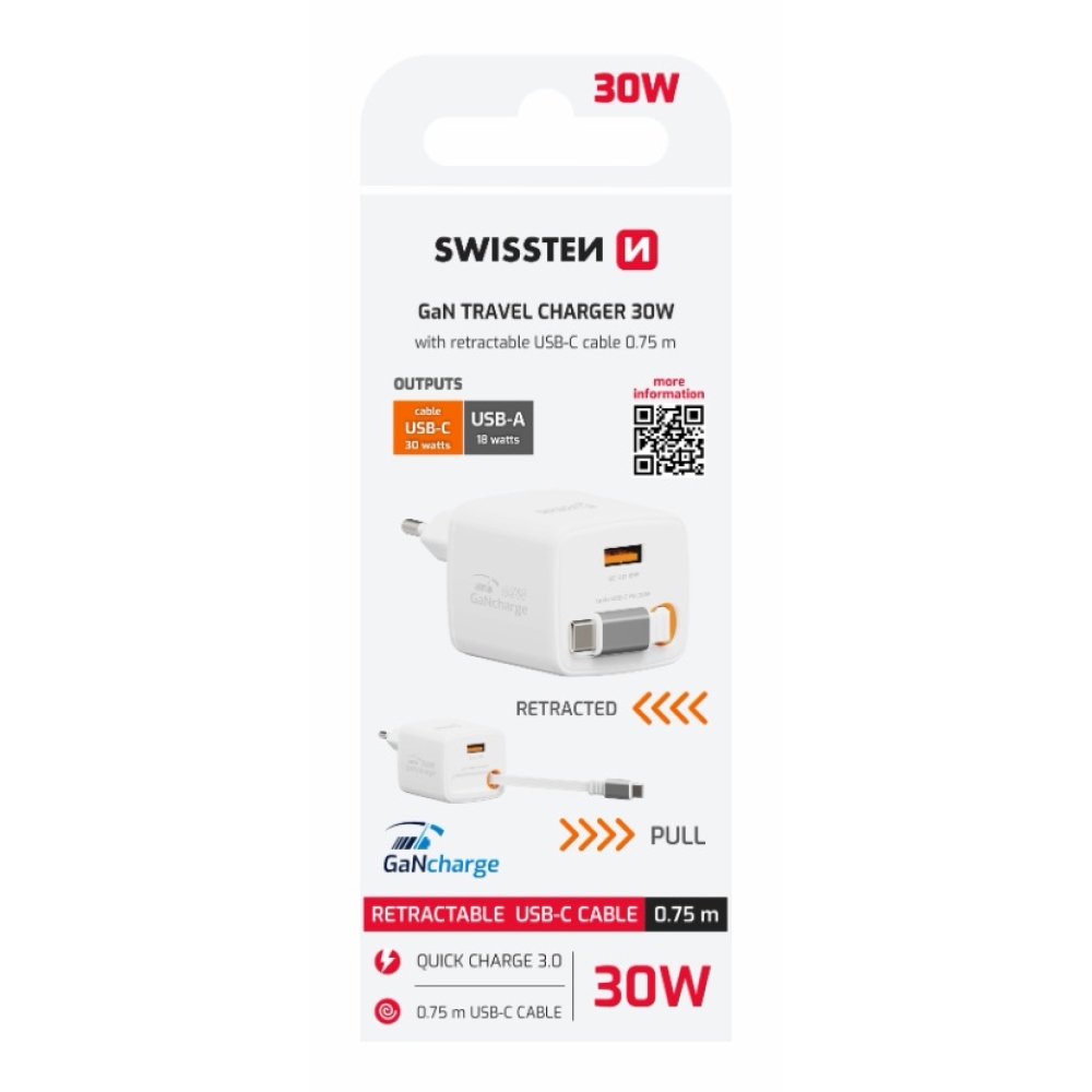 SWISSTEN síťový adaptér SlideCHARGE GaN 30W, 1x USB-A 18W se zatahovacím USB-C kabelem 0.75m - bílý