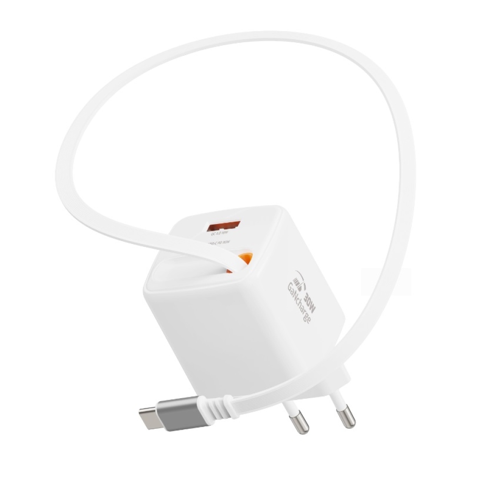 SWISSTEN síťový adaptér SlideCHARGE GaN 30W, 1x USB-A 18W se zatahovacím USB-C kabelem 0.75m - bílý