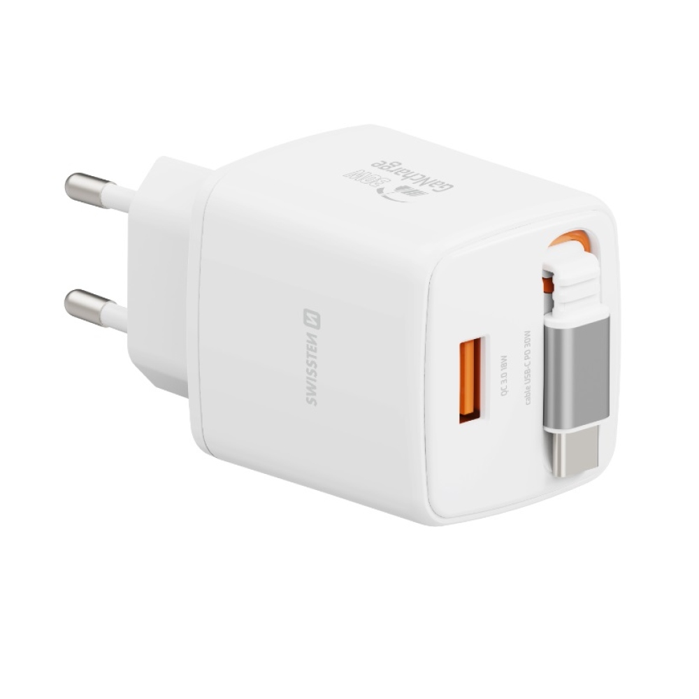 SWISSTEN síťový adaptér SlideCHARGE GaN 30W, 1x USB-A 18W se zatahovacím USB-C kabelem 0.75m - bílý