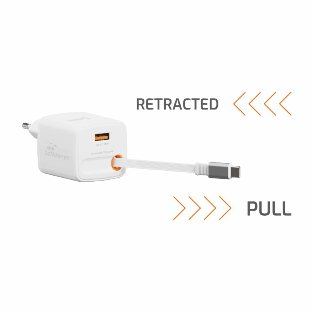 SWISSTEN síťový adaptér SlideCHARGE GaN 30W, 1x USB-A 18W se zatahovacím USB-C kabelem 0.75m - bílý