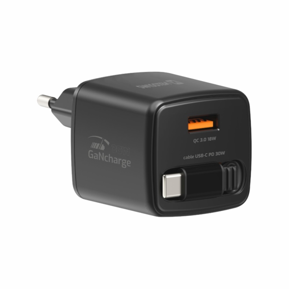 SWISSTEN síťový adaptér SlideCHARGE GaN 30W, 1x USB-A 18W se zatahovacím USB-C kabelem 0.75m - černý