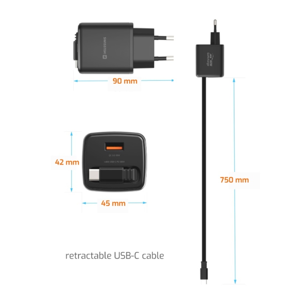 SWISSTEN síťový adaptér SlideCHARGE GaN 30W, 1x USB-A 18W se zatahovacím USB-C kabelem 0.75m - černý
