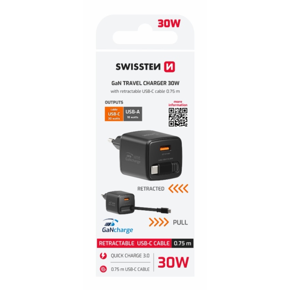 SWISSTEN síťový adaptér SlideCHARGE GaN 30W, 1x USB-A 18W se zatahovacím USB-C kabelem 0.75m - černý