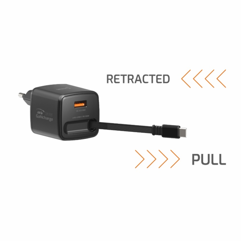 SWISSTEN síťový adaptér SlideCHARGE GaN 30W, 1x USB-A 18W se zatahovacím USB-C kabelem 0.75m - černý