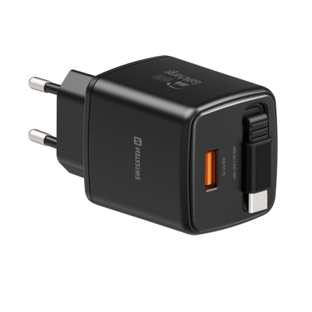 SWISSTEN síťový adaptér SlideCHARGE GaN 30W, 1x USB-A 18W se zatahovacím USB-C kabelem 0.75m - černý