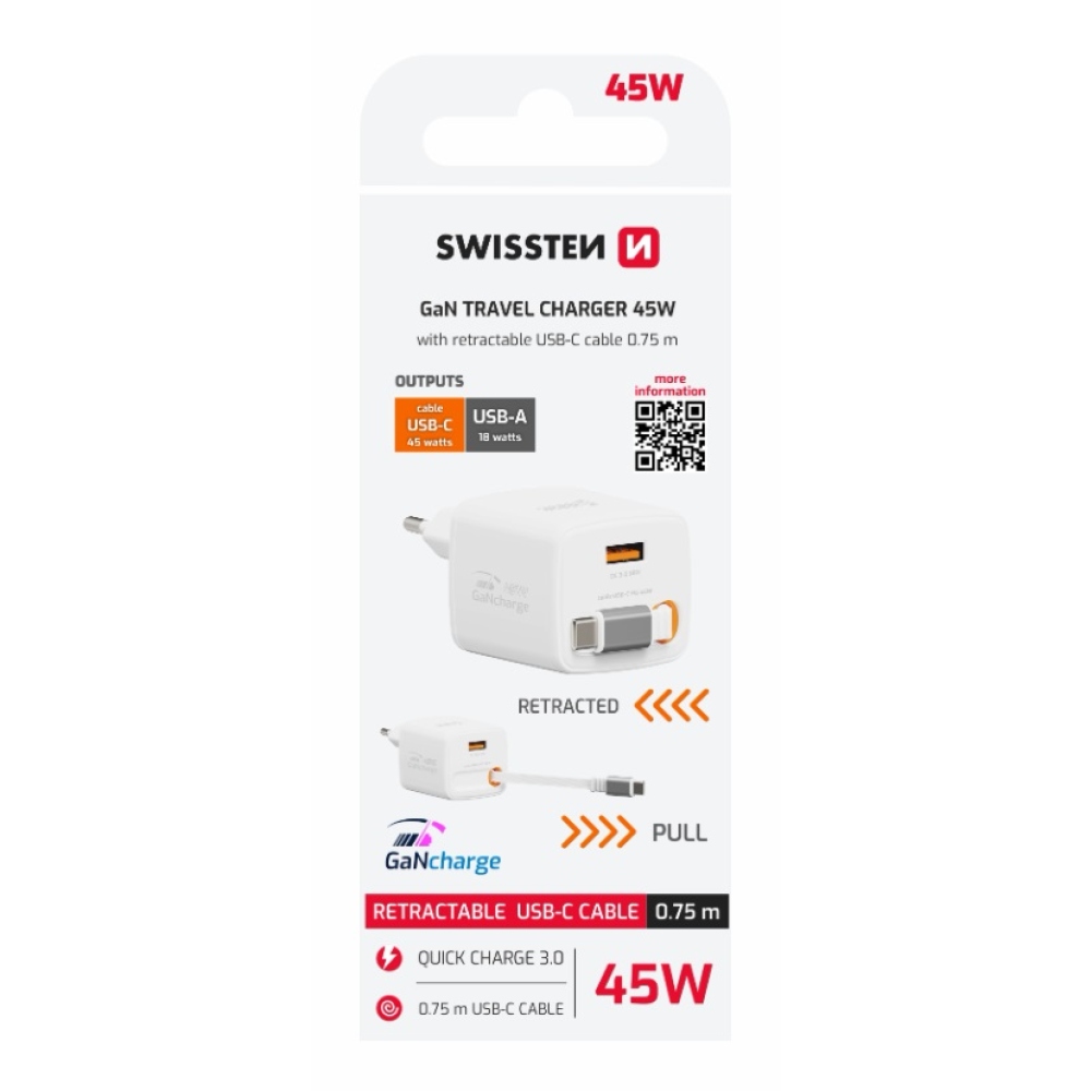 SWISSTEN síťový adaptér SlideCHARGE GaN 45W, 1x USB-A 18W se zatahovacím USB-C kabelem 0.75m - bílý