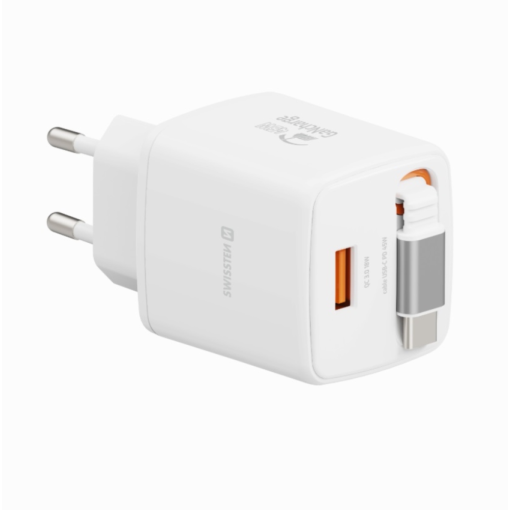 SWISSTEN síťový adaptér SlideCHARGE GaN 45W, 1x USB-A 18W se zatahovacím USB-C kabelem 0.75m - bílý