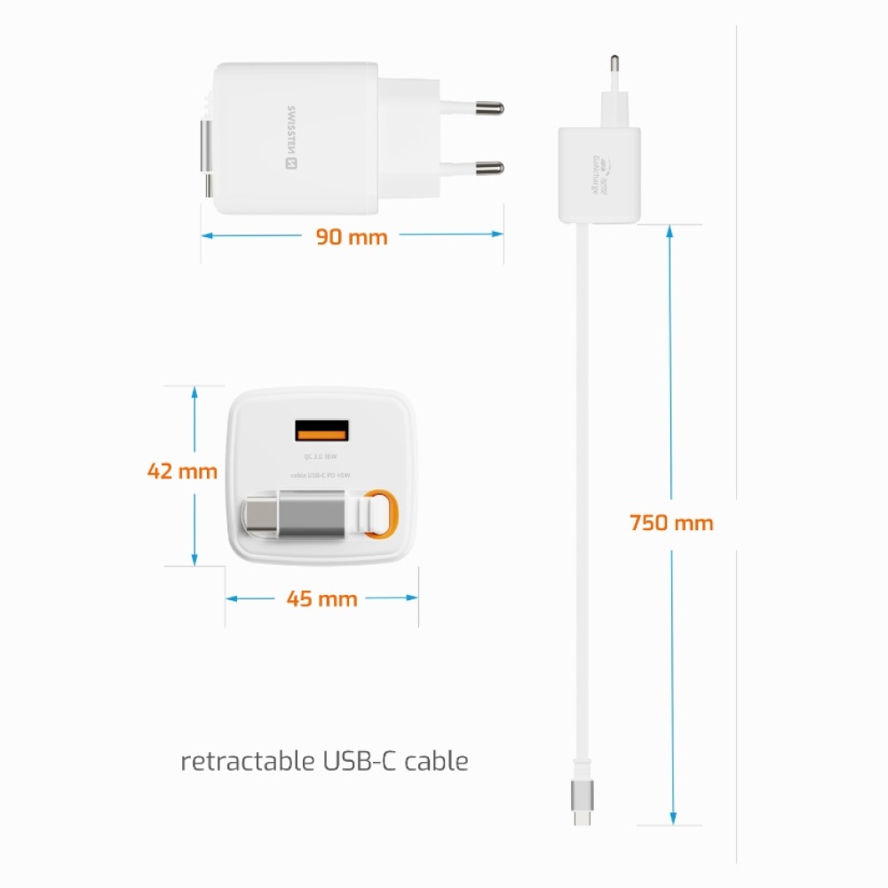 SWISSTEN síťový adaptér SlideCHARGE GaN 45W, 1x USB-A 18W se zatahovacím USB-C kabelem 0.75m - bílý