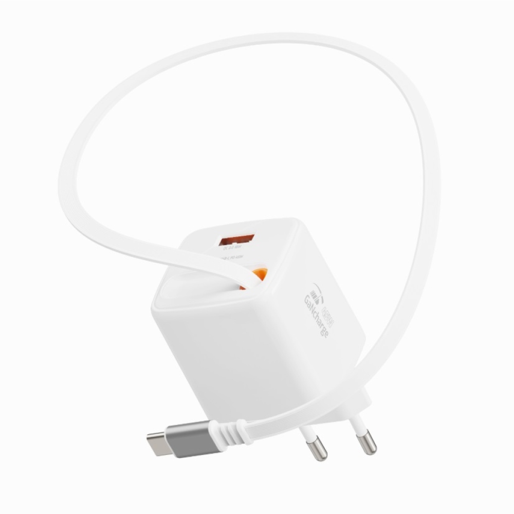 SWISSTEN síťový adaptér SlideCHARGE GaN 45W, 1x USB-A 18W se zatahovacím USB-C kabelem 0.75m - bílý