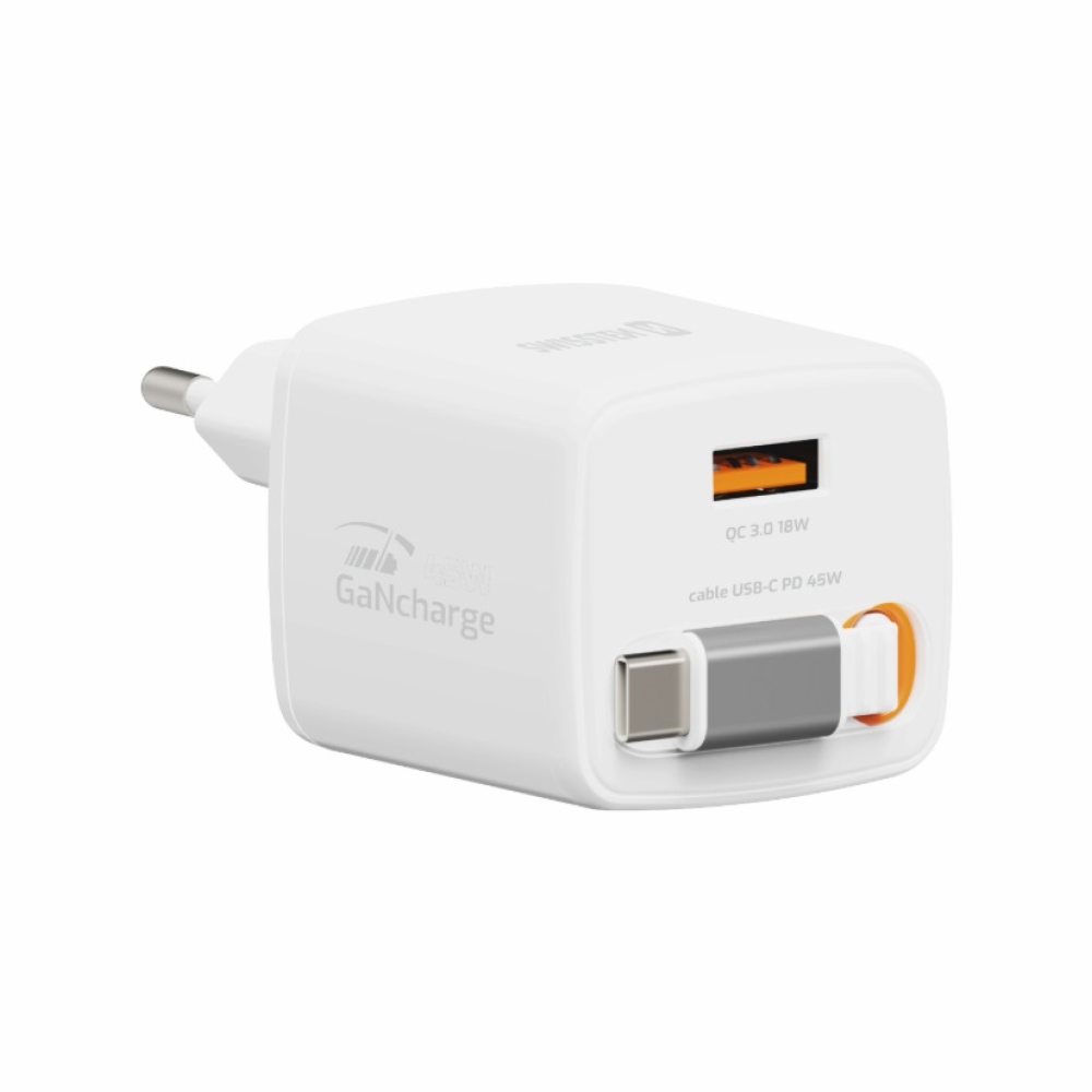 SWISSTEN síťový adaptér SlideCHARGE GaN 45W, 1x USB-A 18W se zatahovacím USB-C kabelem 0.75m - bílý