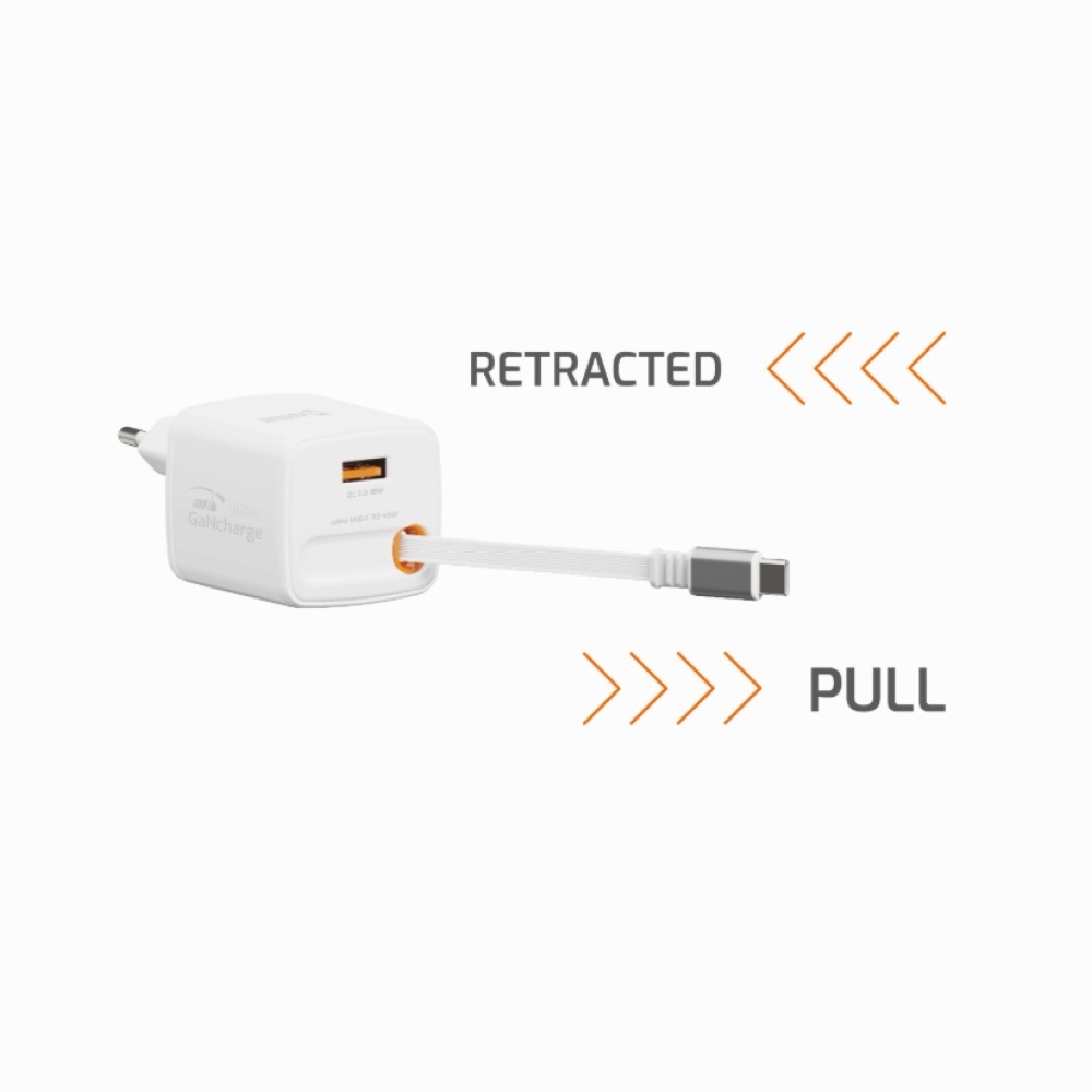 SWISSTEN síťový adaptér SlideCHARGE GaN 45W, 1x USB-A 18W se zatahovacím USB-C kabelem 0.75m - bílý