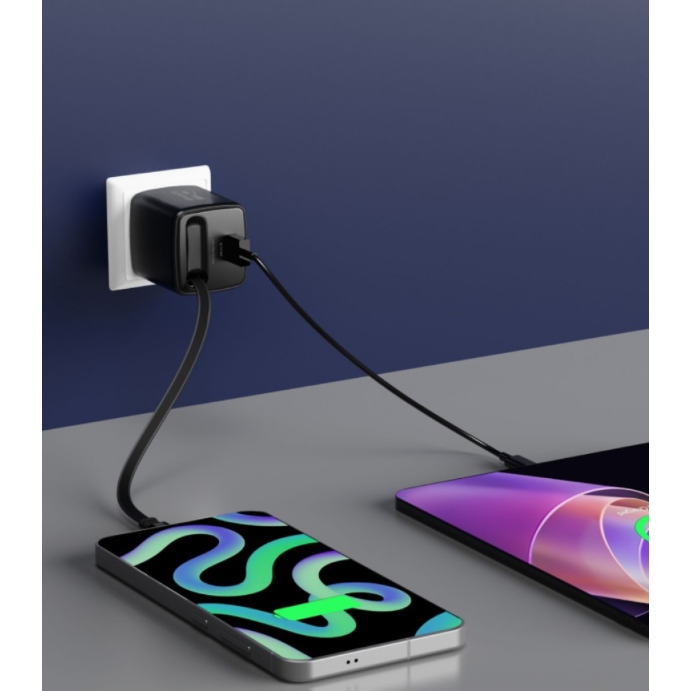 SWISSTEN síťový adaptér SlideCHARGE GaN 45W, 1x USB-A 18W se zatahovacím USB-C kabelem 0.75m - černý