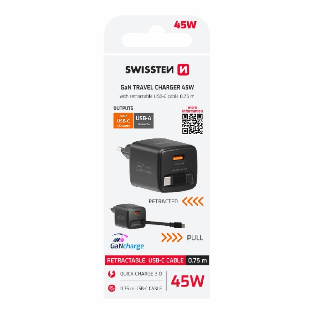 SWISSTEN síťový adaptér SlideCHARGE GaN 45W, 1x USB-A 18W se zatahovacím USB-C kabelem 0.75m - černý