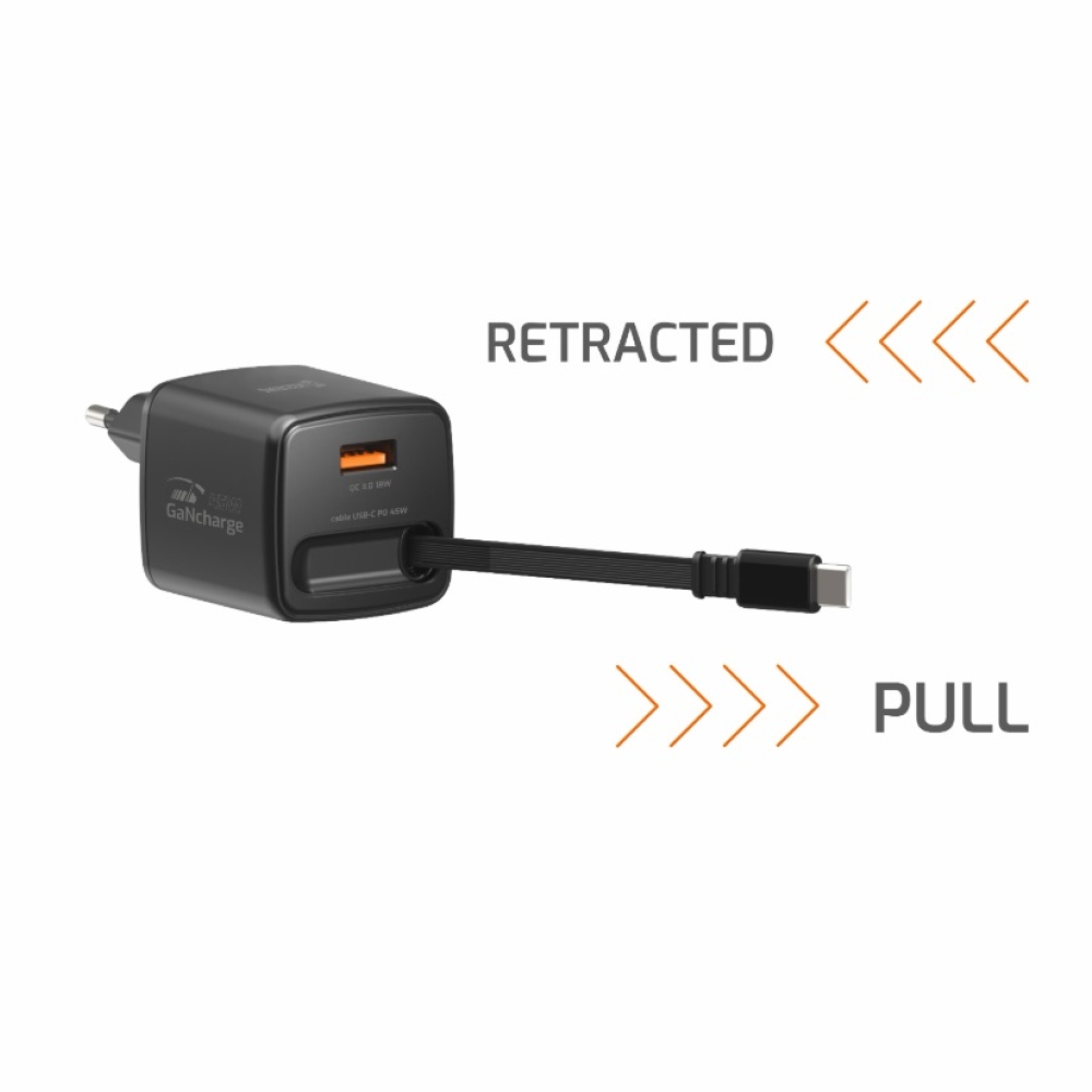SWISSTEN síťový adaptér SlideCHARGE GaN 45W, 1x USB-A 18W se zatahovacím USB-C kabelem 0.75m - černý